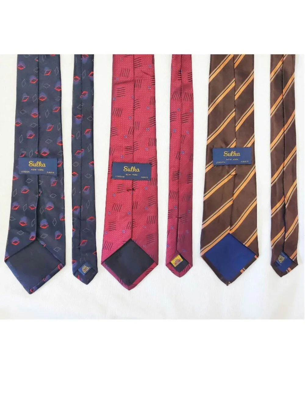 Sulka Men's Set of 3 100% Silk Tie Ties Blue Burgundy Brown